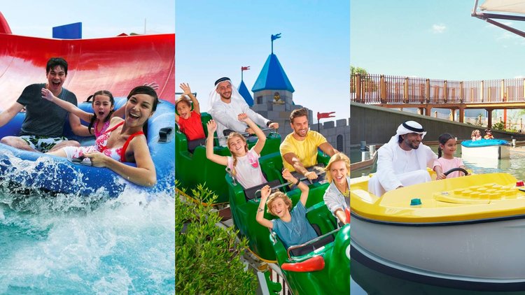Happy family enjoying a day out at a Dubai theme park